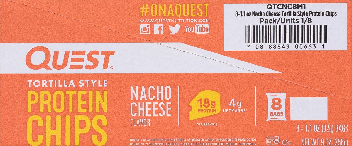 slide 7 of 9, Quest Tortilla Style Nacho Cheese Flavor Protein Chips 8 - 1.1 oz Bags, 9 oz