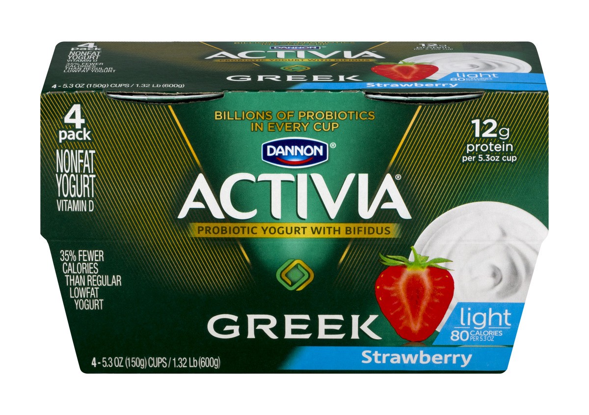 slide 1 of 9, Dannon Activia Light Greek Probiotic Blended Nonfat Yogurt Strawberry 5.3oz 4 Pack, 4 ct; 5.3 oz