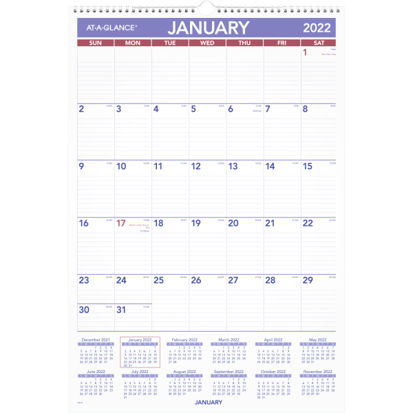 slide 1 of 1, At-A-Glance Monthly Wall Calendar, 15-1/2" X 22-3/4", January To December 2022, Pm328, 1 ct