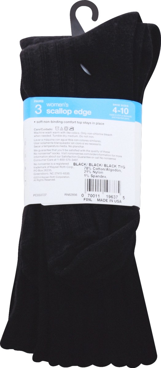 slide 6 of 6, No Nonsense Socks, Casual, Black, Women's, Scallop Edge, 3 ct