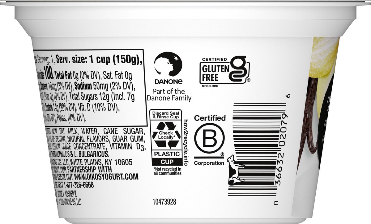 slide 7 of 13, Oikos Blended Vanilla Bean Nonfat Greek Yogurt, 14g protein, 100 Calories and 0% Milk Fat, High Protein Yogurt, 5.3 OZ Cup, 5.3 oz