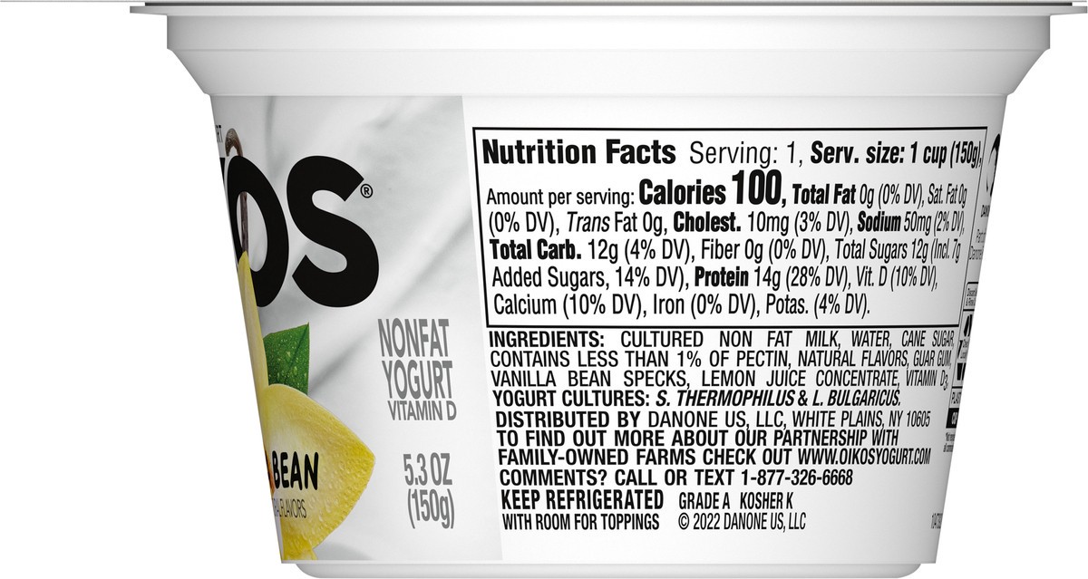 slide 9 of 13, Oikos Blended Vanilla Bean Nonfat Greek Yogurt, 14g protein, 100 Calories and 0% Milk Fat, High Protein Yogurt, 5.3 OZ Cup, 5.3 oz