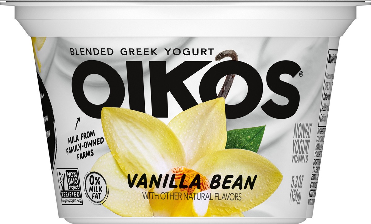 slide 2 of 13, Oikos Blended Vanilla Bean Nonfat Greek Yogurt, 14g protein, 100 Calories and 0% Milk Fat, High Protein Yogurt, 5.3 OZ Cup, 5.3 oz