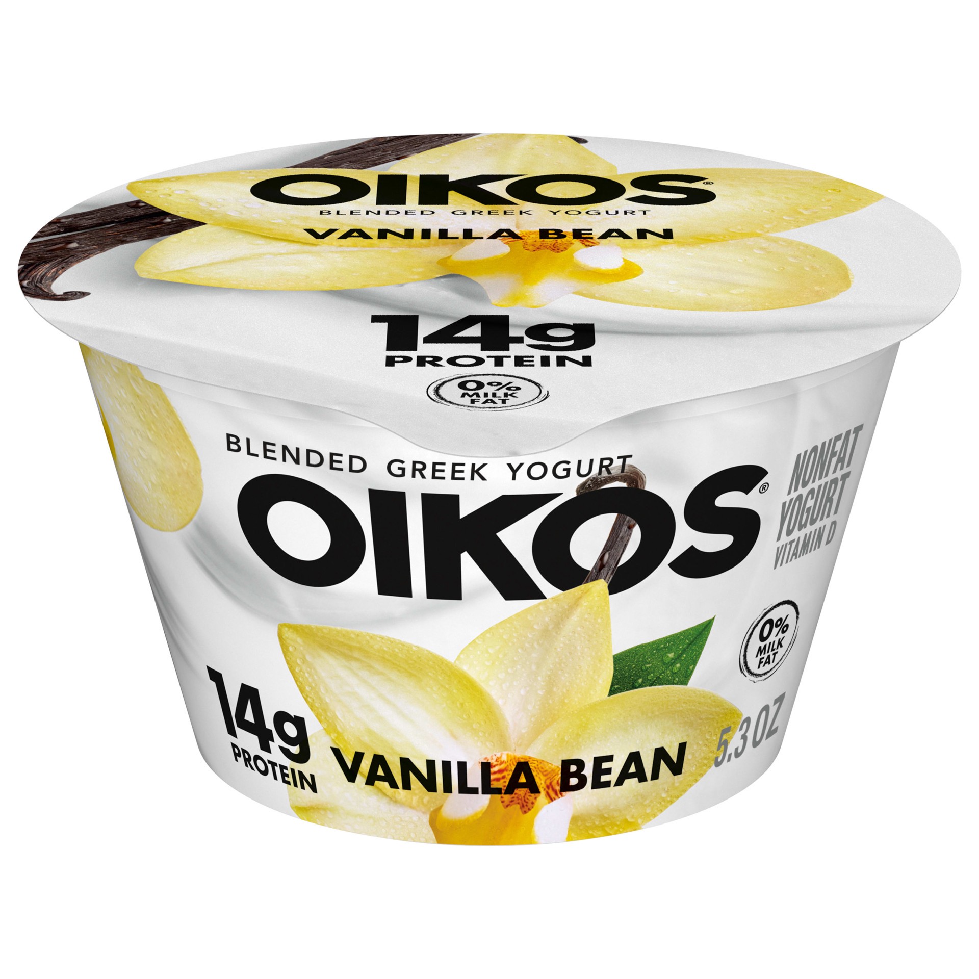 slide 1 of 13, Oikos Blended Vanilla Bean Nonfat Greek Yogurt, 14g protein, 100 Calories and 0% Milk Fat, High Protein Yogurt, 5.3 OZ Cup, 5.3 oz