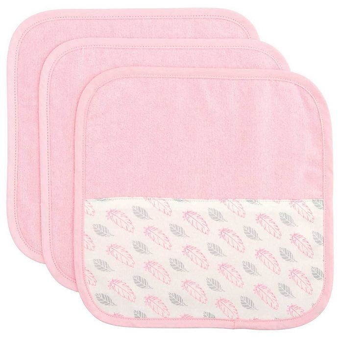 slide 1 of 3, Elegant Baby Organic Washcloth Set - Pink Feather Print, 3 ct