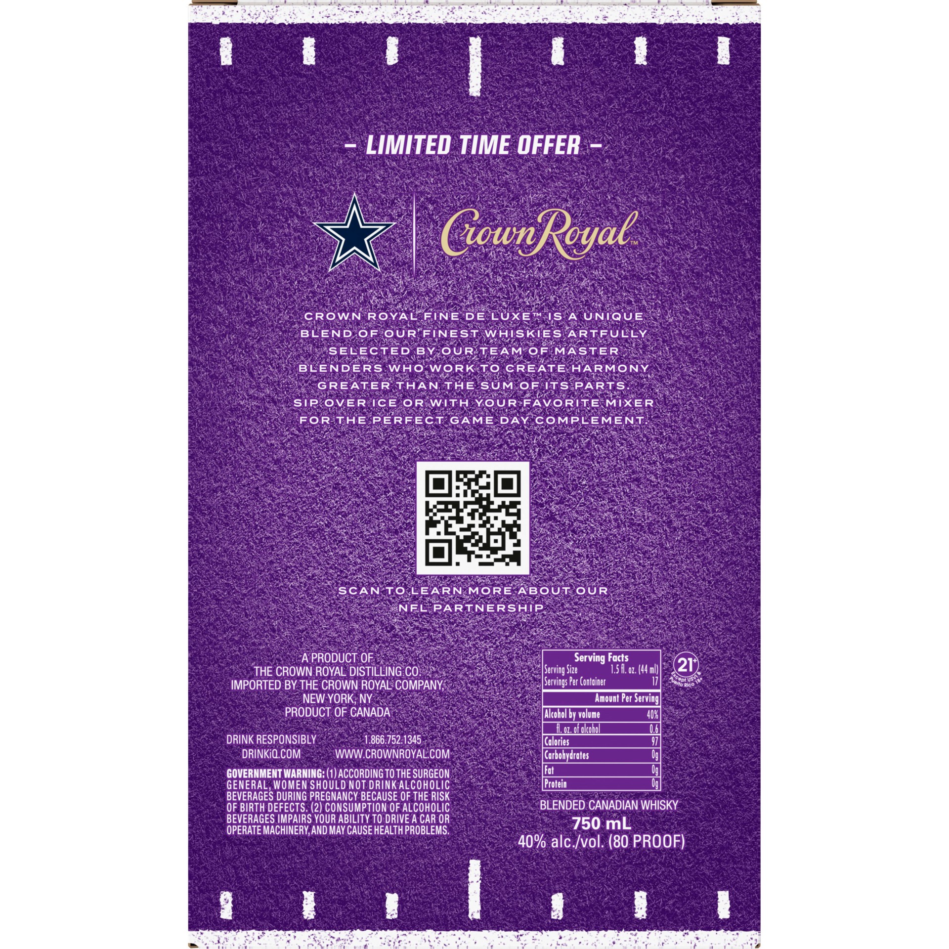 slide 3 of 7, Crown Royal Fine De Luxe Blended Canadian Whisky, 750 mL Bottle with Dallas Cowboys Bag, 750 mL