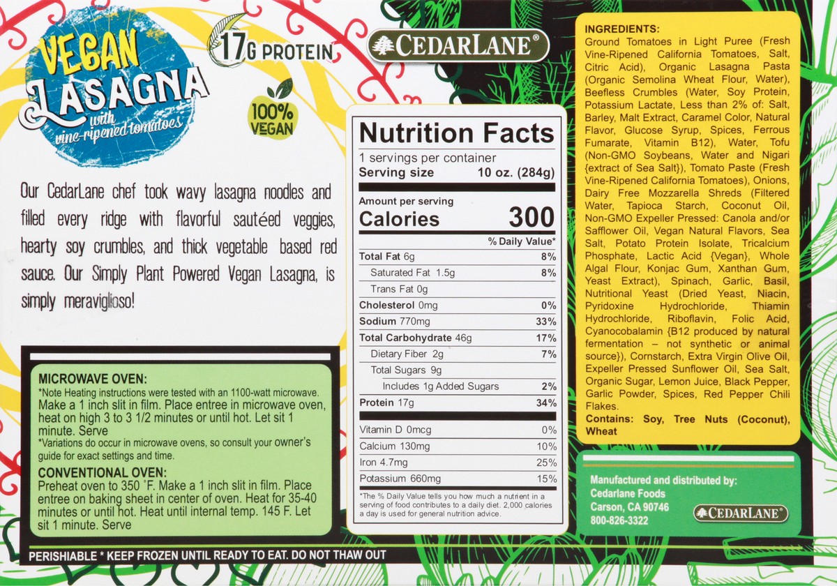 slide 5 of 10, Cedarlane Simply Plant Powered Vegan Lasagna with Vine-Ripened Tomatoes 10 oz, 10 oz