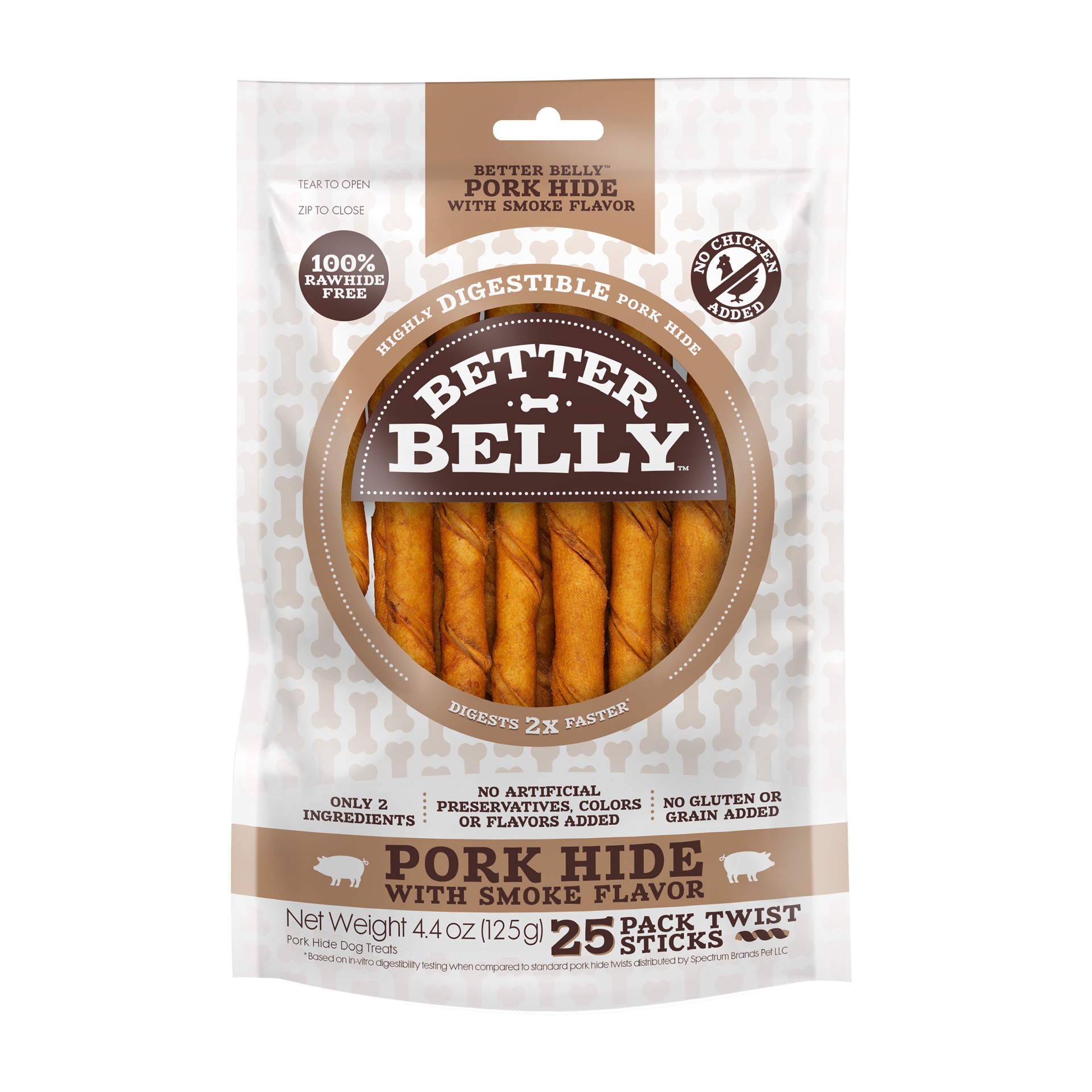 slide 1 of 10, Better Belly Pork Hide Twists With Smoke Flavor 25 Count, Digestible Pork Hide For Dogs, 0.39 lb