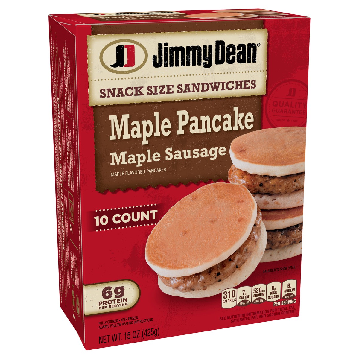 slide 3 of 8, Jimmy Dean Snack Size Maple Pancake Breakfast Sandwiches with Maple Sausage, Frozen, 10 Count, 425.24 g