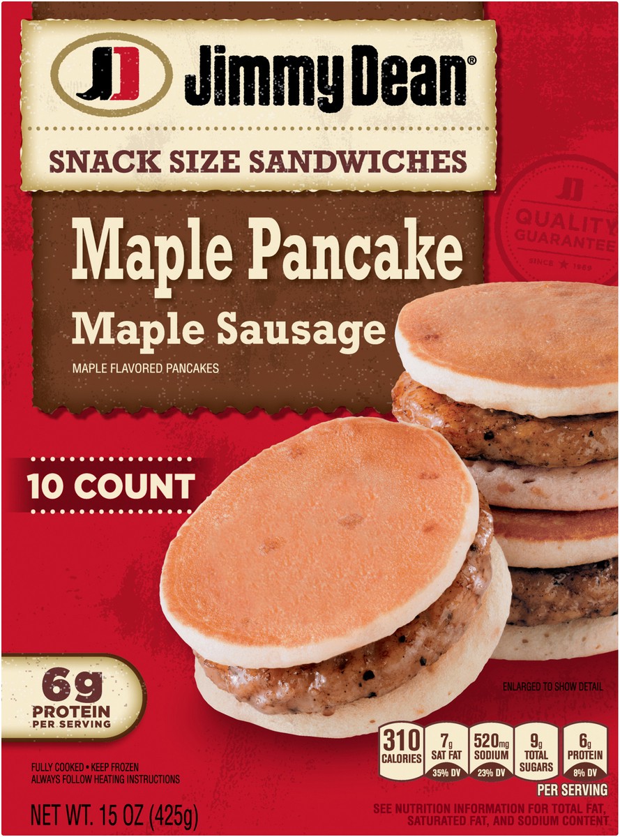 slide 5 of 8, Jimmy Dean Snack Size Maple Pancake Breakfast Sandwiches with Maple Sausage, Frozen, 10 Count, 425.24 g