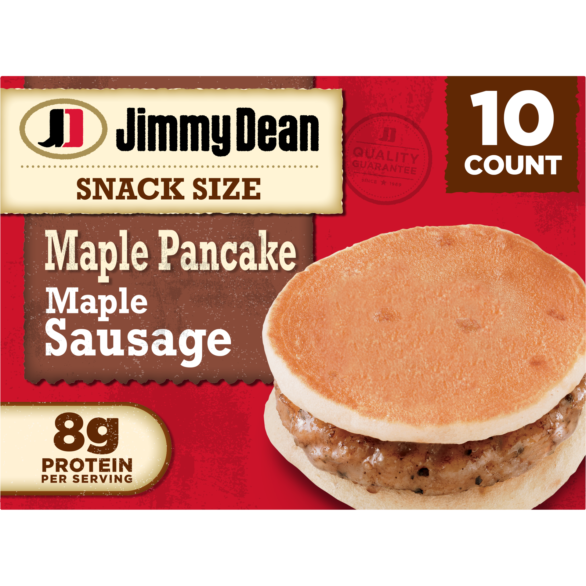 slide 1 of 8, Jimmy Dean Snack Size Maple Pancake Breakfast Sandwiches with Maple Sausage, Frozen, 10 Count, 425.24 g