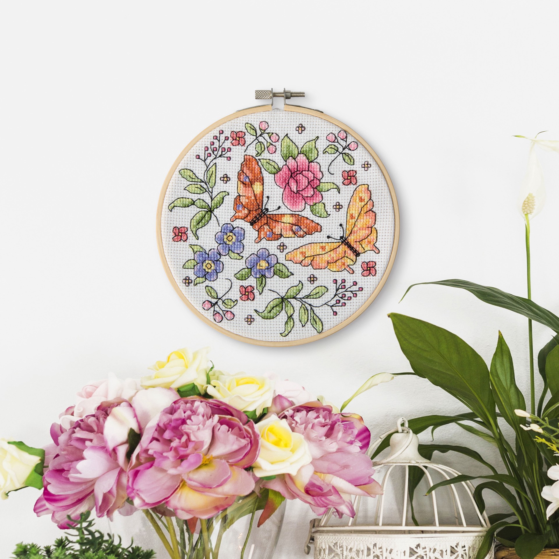 slide 3 of 4, 6" Butterflies Counted Cross Stitch Kit With Hoop By Loops & Threads, 6 in