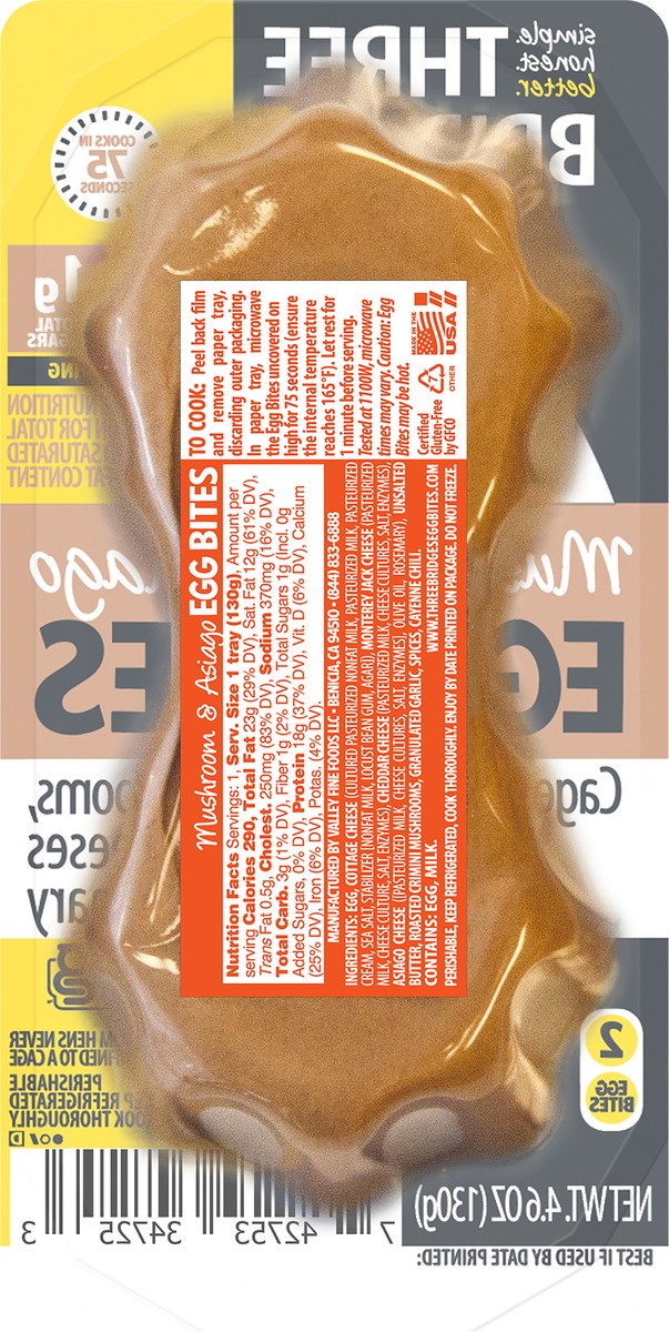 slide 3 of 3, Three Bridges Mushroom & Asiago Egg Bites, 4.6 oz