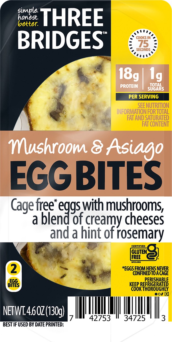 slide 2 of 3, Three Bridges Mushroom & Asiago Egg Bites, 4.6 oz