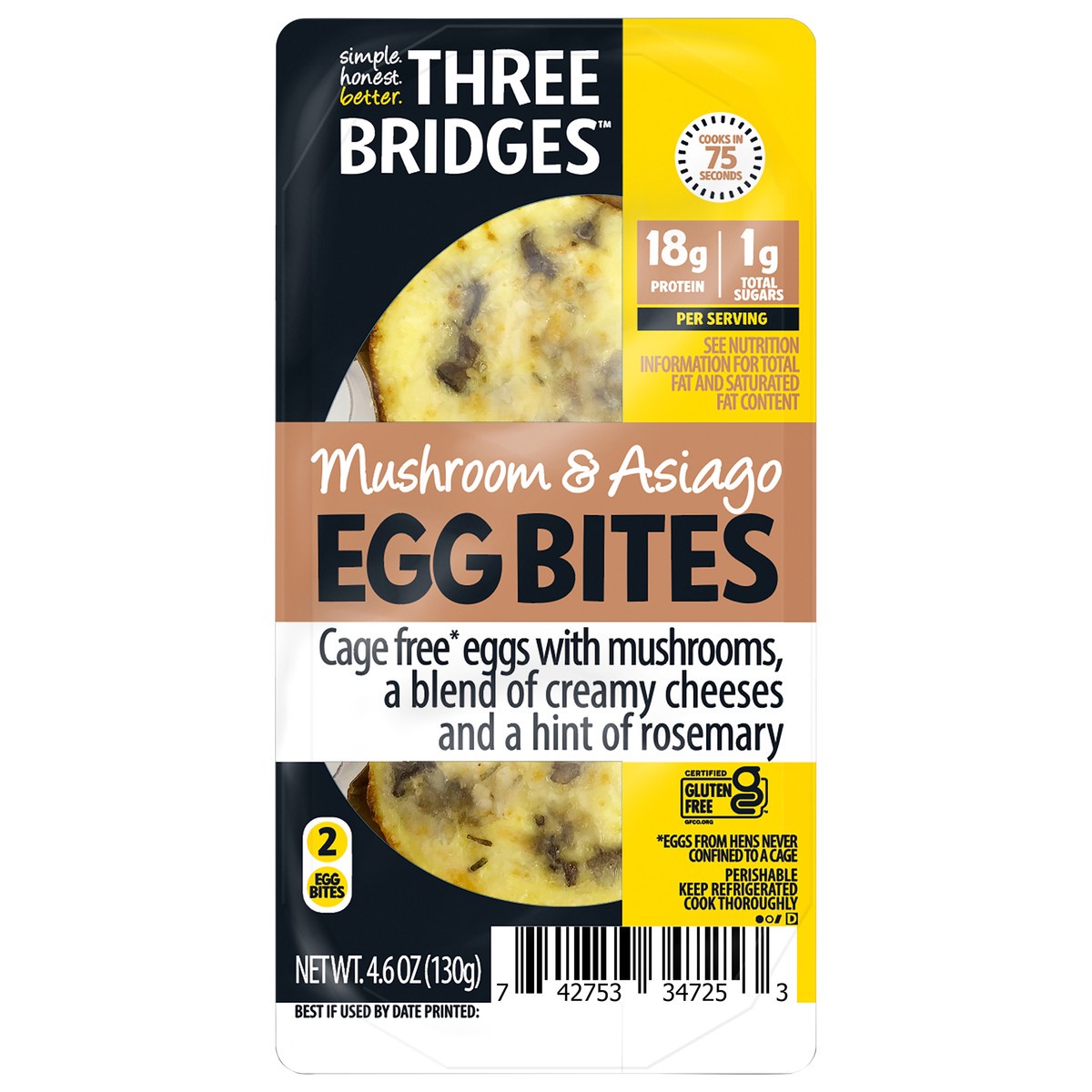 slide 1 of 3, Three Bridges Mushroom & Asiago Egg Bites, 4.6 oz