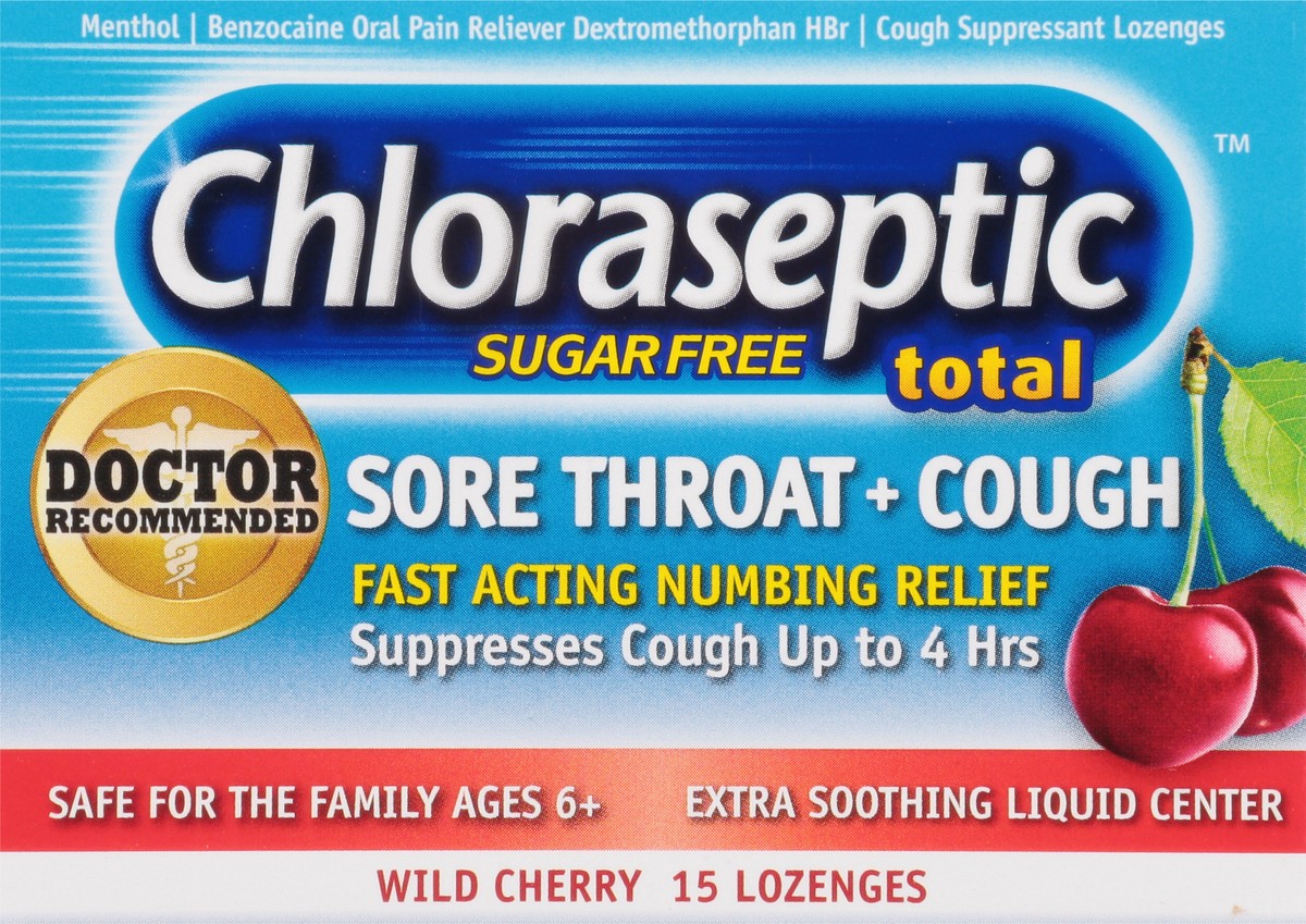 slide 9 of 9, Chloraseptic Total Sore Throat + Cough Lozenges, Sugar-Free Wild Cherry Flavor, 15 CT, 15 ct