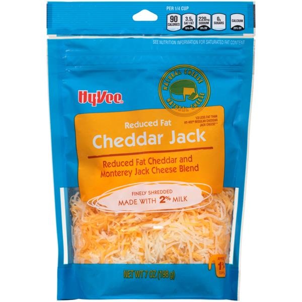 slide 1 of 1, Hy-vee Cheddar Jack Reduced Fat Cheddar And Monterey Jack Finely Shredded Cheese Blend, 7 oz