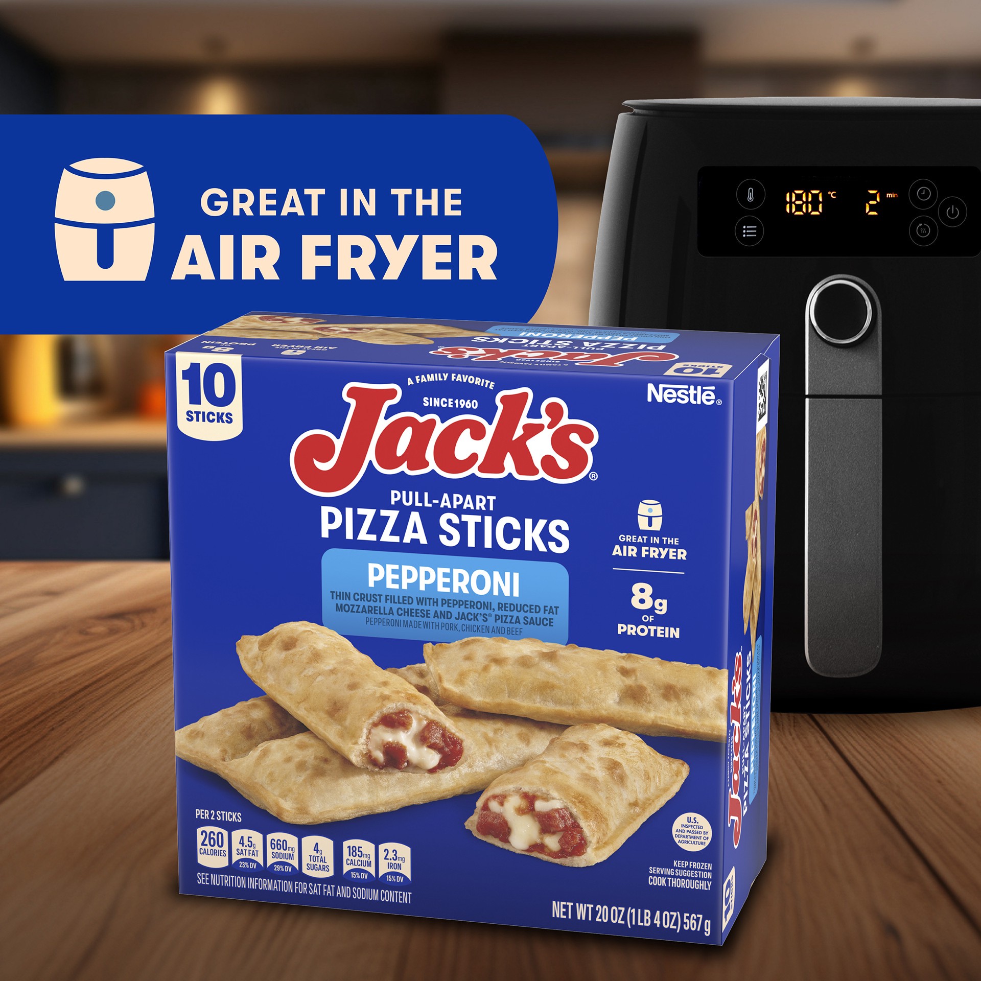 slide 3 of 7, Jack's Jack''s Pull-Apart Pepperoni Pizza Sticks, Pepperoni made with pork, chicken and beef. Pack of 10, 20 oz