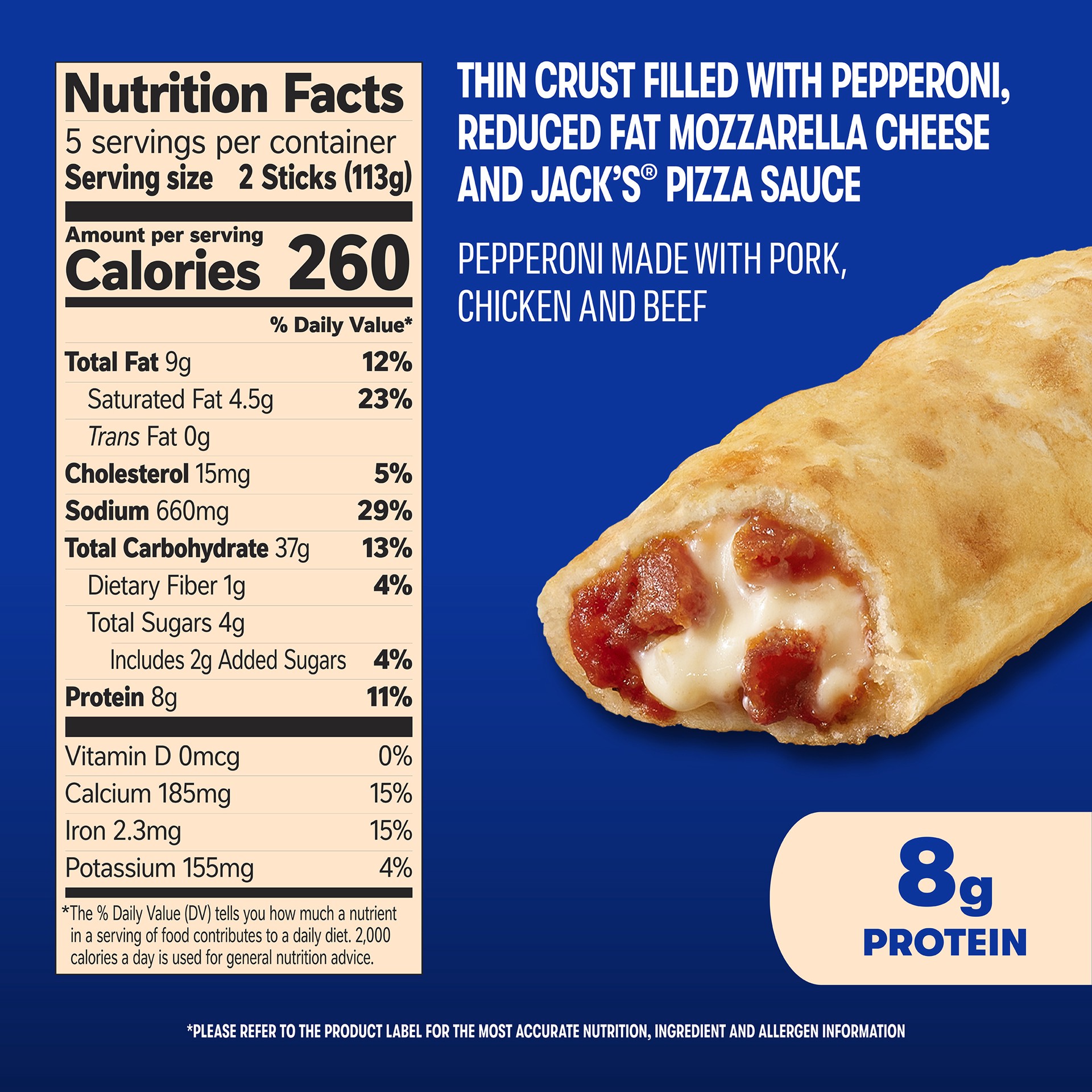 slide 7 of 7, Jack's Jack''s Pull-Apart Pepperoni Pizza Sticks, Pepperoni made with pork, chicken and beef. Pack of 10, 20 oz