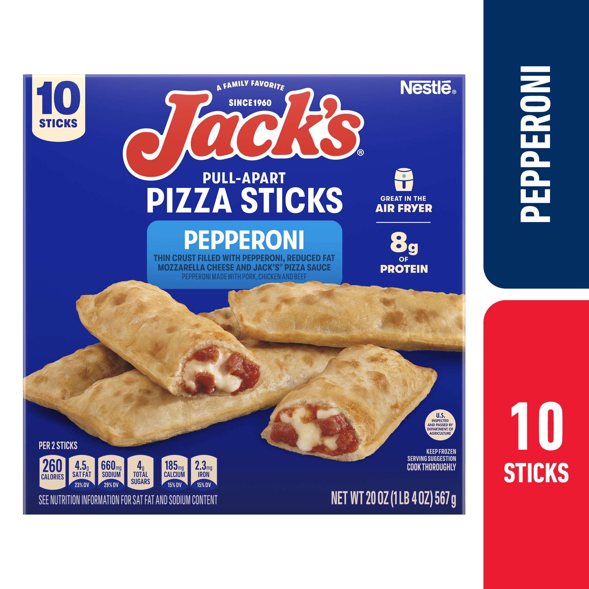 slide 1 of 7, Jack's Jack''s Pull-Apart Pepperoni Pizza Sticks, Pepperoni made with pork, chicken and beef. Pack of 10, 20 oz