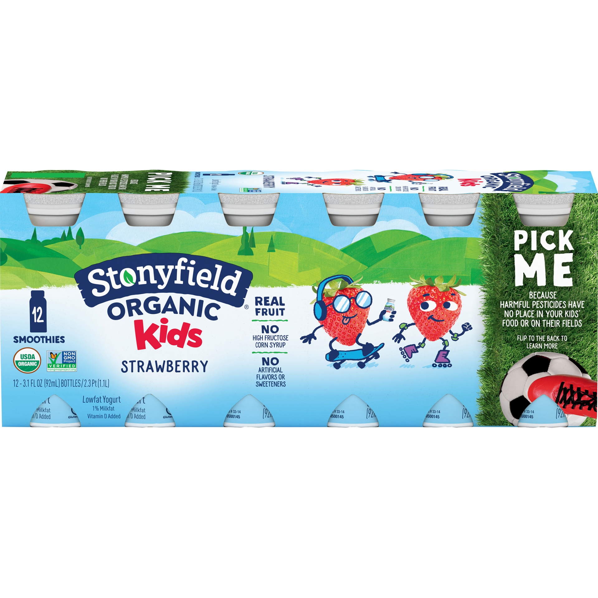 slide 1 of 2, Stonyfield Organic Kids Lowfat Yogurt Smoothies are the perfect handheld snack for busy kids. Stash in your child's lunch box, or in your car cooler during road trips. These low fat smoothies are made with wholesome ingredients without artificial flavors, sweeteners or high fructose corn syrup. With vitamin D and calcium to support the growth and maintenance of healthy bones. The result? A delicious and nutritious snack that you can feel good about. Like all Stonyfield Organic products, these are made without the use of toxic persistent pesticides or genetically modified organisms (GMOs), protecting growing kids and contributing to a healthy and sustainable world. Try our full line of products for babies, kids and adults,  including yogurt cups, yogurt pouches, multi-serving yogurt containers, dairy free smoothie pouches, drinkable yogurt, yogurt tubes and more. With fresh taste, high quality ingredients, and no added nonsense, Stonyfield Organic Smoothies for kids are #goodonpurpose!, 