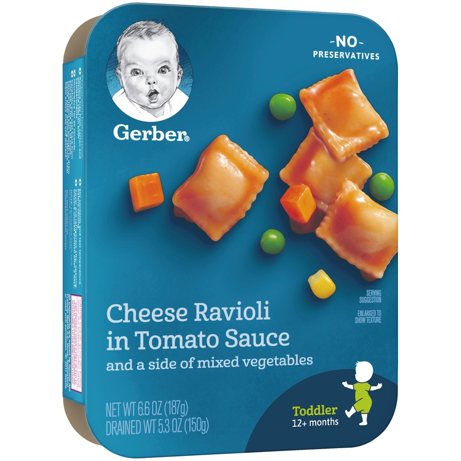 slide 3 of 9, Gerber Graduates Lil' Entrees, Cheese Ravioli in Tomato Sauce With Mixed Vegetables, 6.6 oz