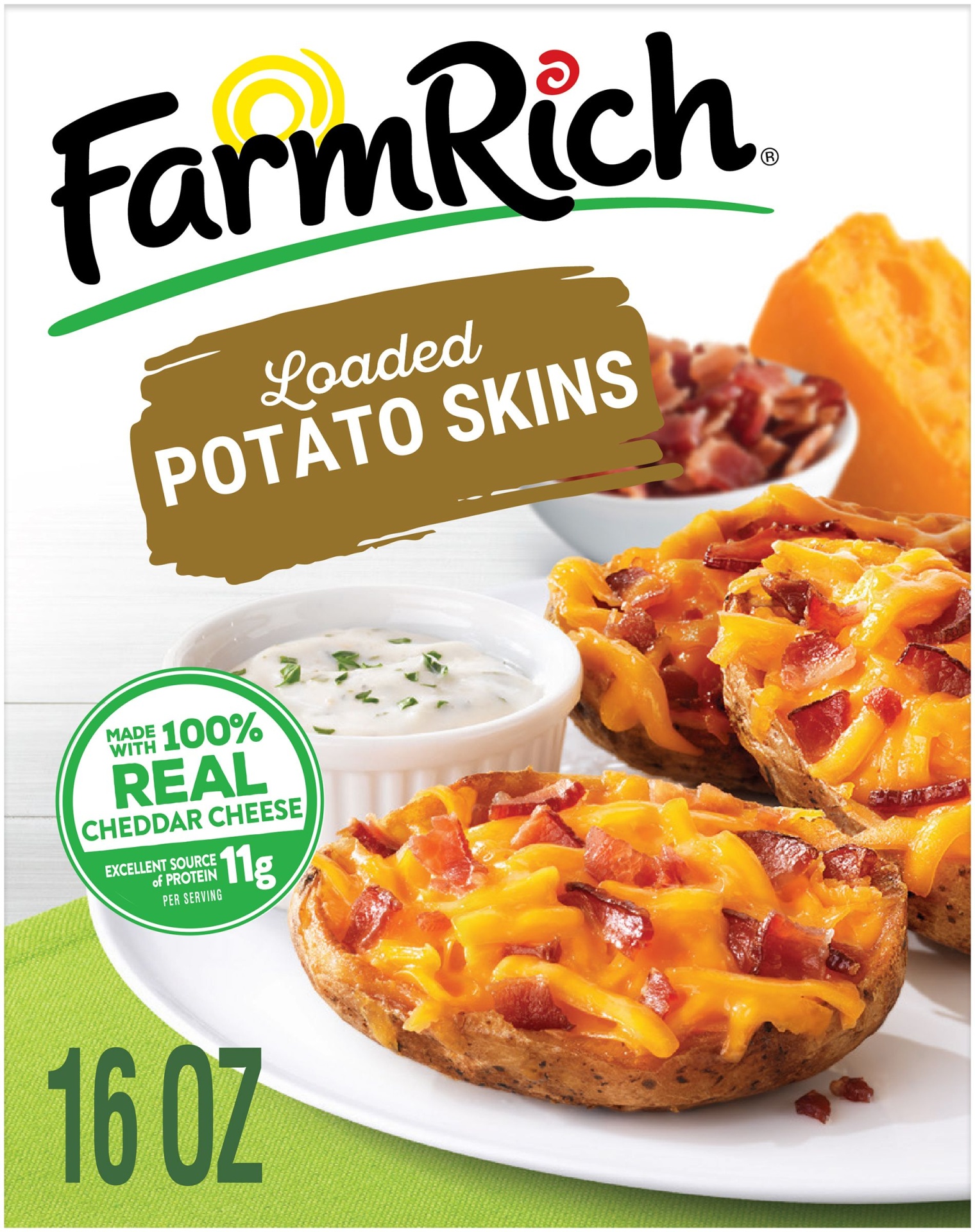 slide 2 of 7, Farm Rich Loaded Potato Skins Stuffed with Cheddar Cheese and Bacon, 16 oz