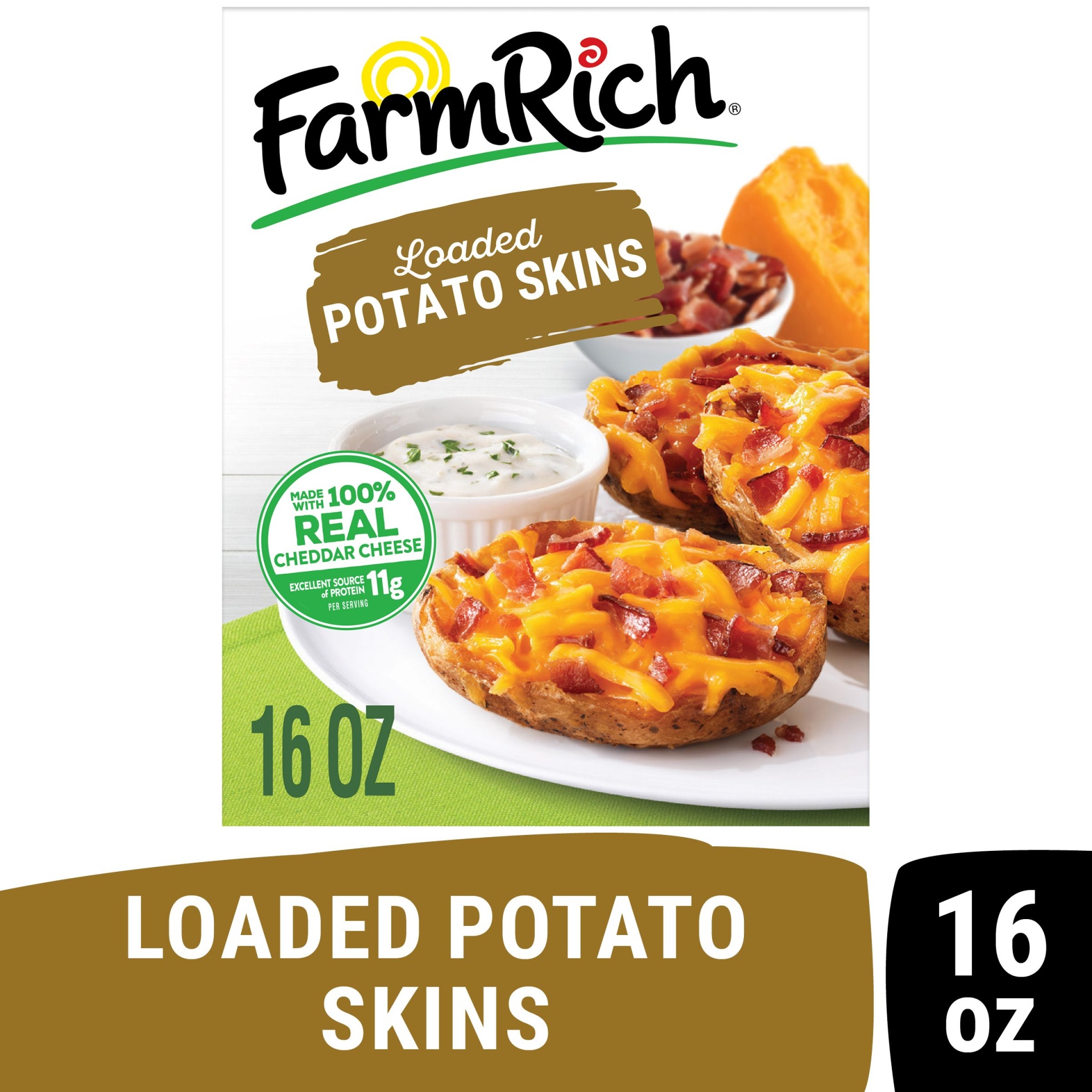 slide 1 of 7, Farm Rich Loaded Potato Skins Stuffed with Cheddar Cheese and Bacon, 16 oz