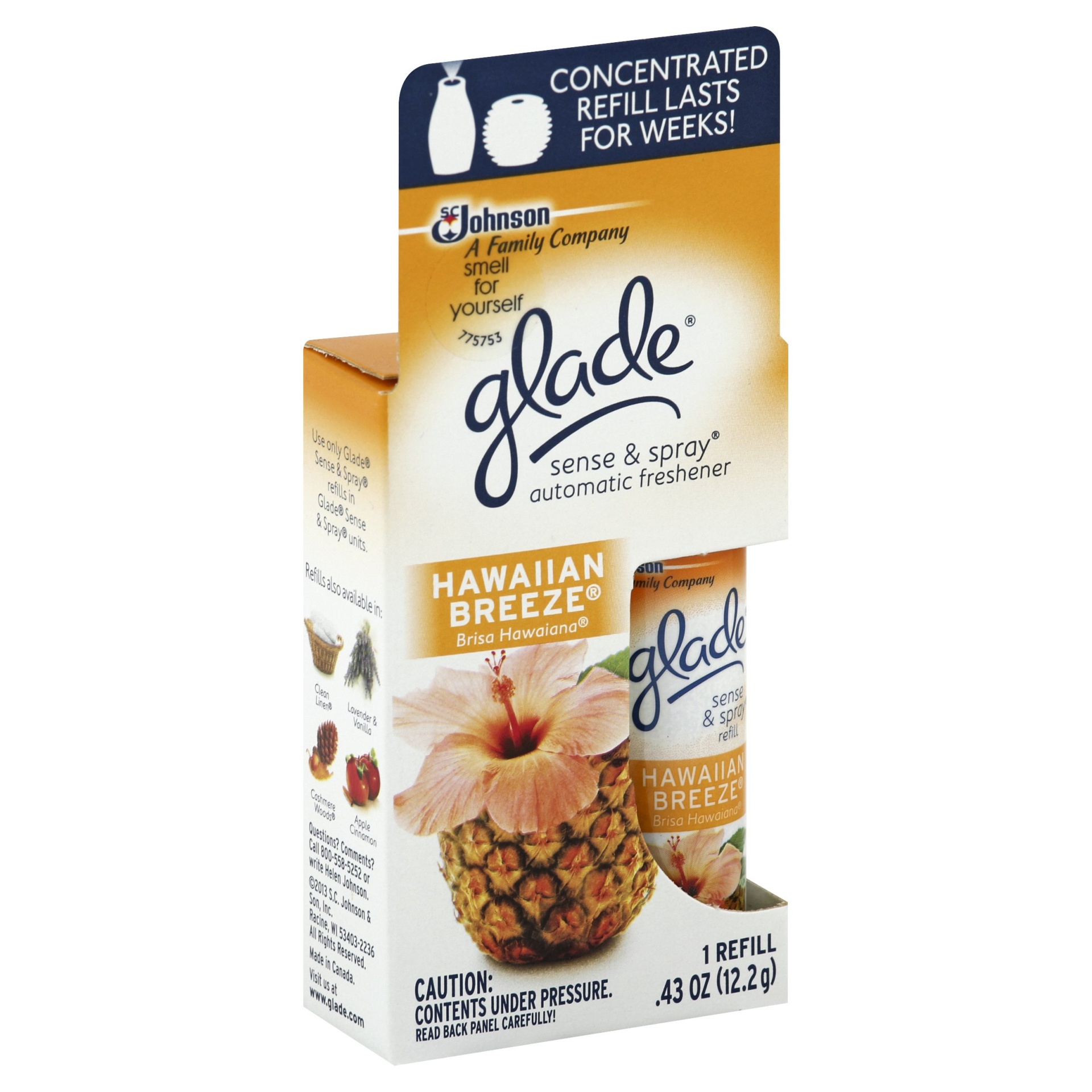 slide 1 of 1, Glade Sense & Spray Automatic Air Freshener Refill, Hawaiian Breeze, 0.4 oz