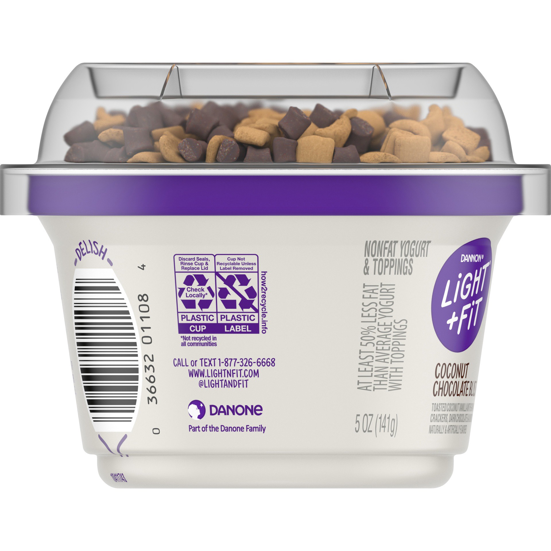 slide 6 of 7, Light + Fit Dannon Light + Fit Greek Crunch Nonfat Yogurt with Toppers, Coconut Chocolate Bliss, 5 oz., 5 oz