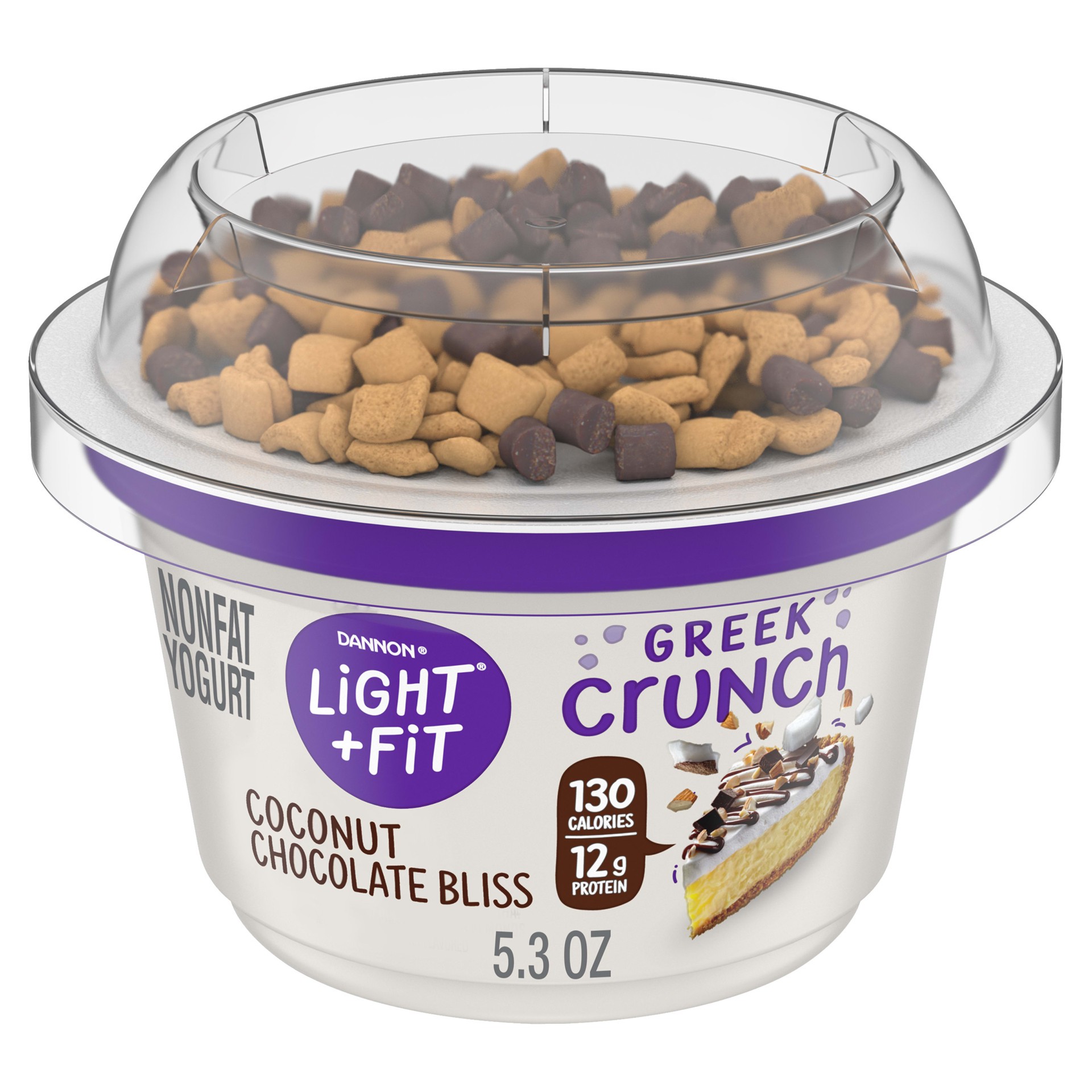 slide 1 of 7, Light + Fit Dannon Light + Fit Greek Crunch Nonfat Yogurt with Toppers, Coconut Chocolate Bliss, 5 oz., 5 oz