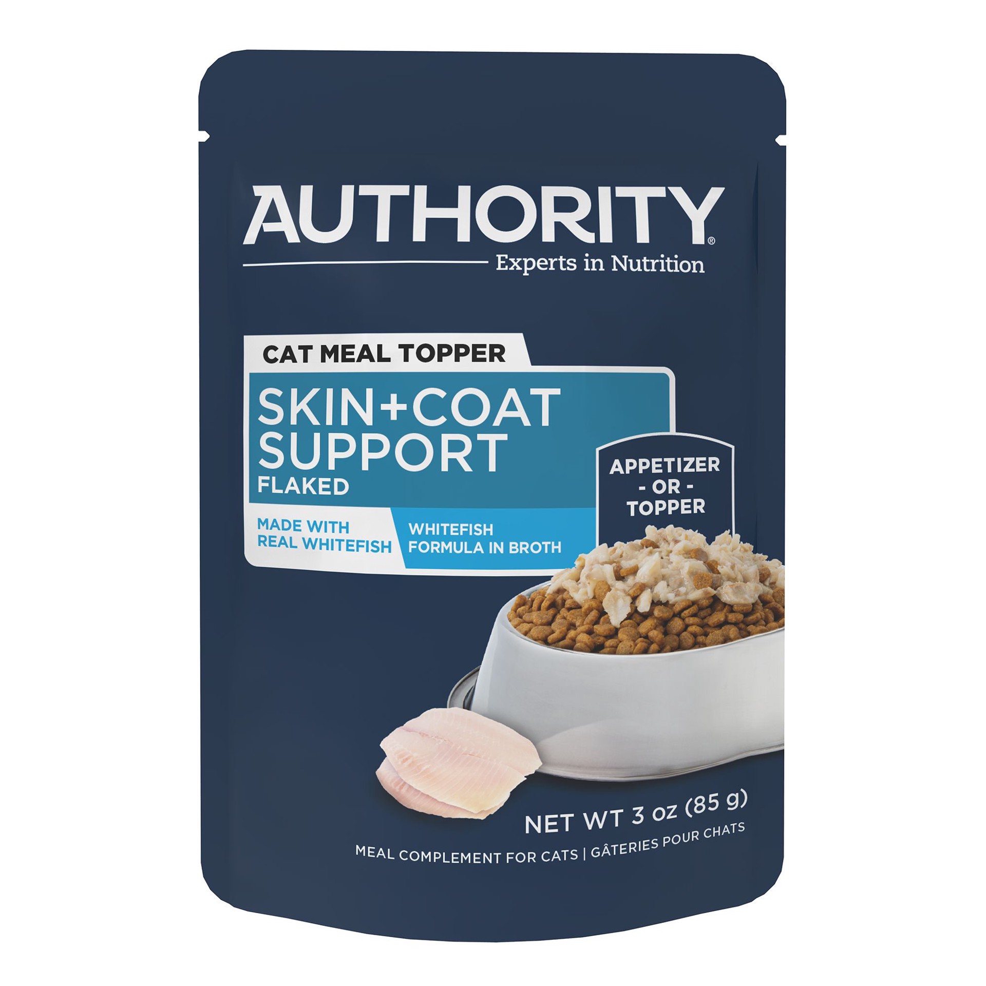 slide 1 of 1, Authority Skin + Coat Support Whitefish Formula in Broth Cat Meal Topper 3OZ, 1 ct