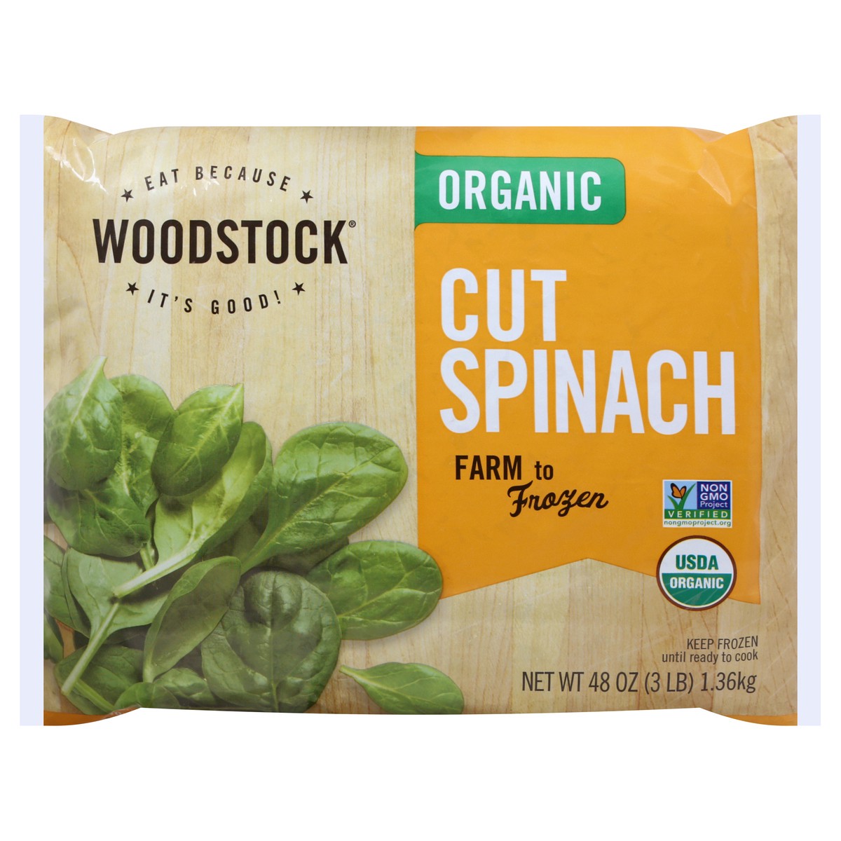 slide 1 of 12, Woodstock Spinach, Organic, Cut, 48 oz