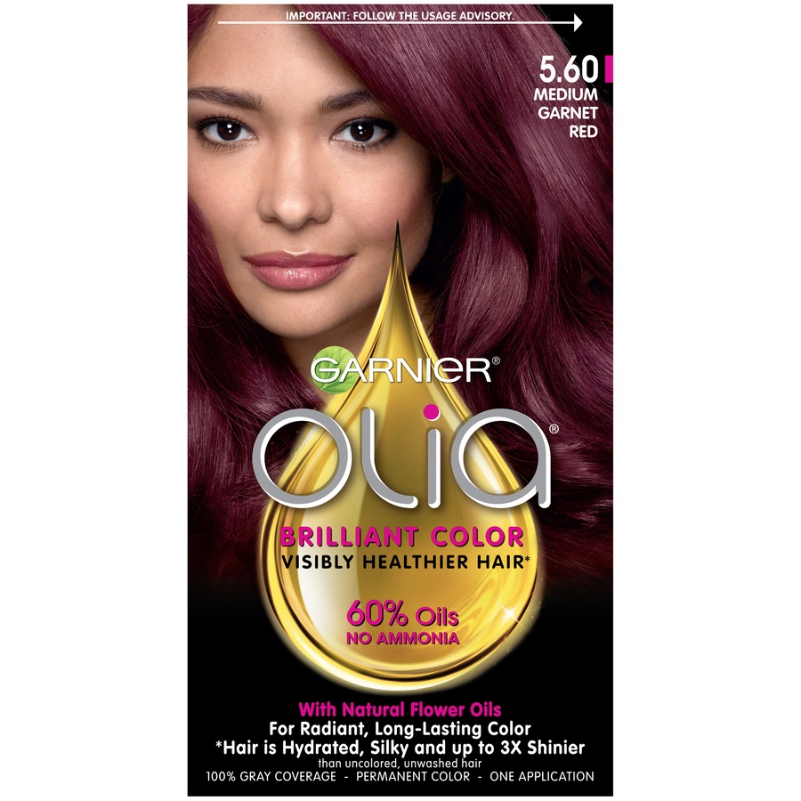 slide 1 of 8, Garnier Olia Oil Powered Permanent Hair Color, 5.60 Medium Garnet Red, 1 ct