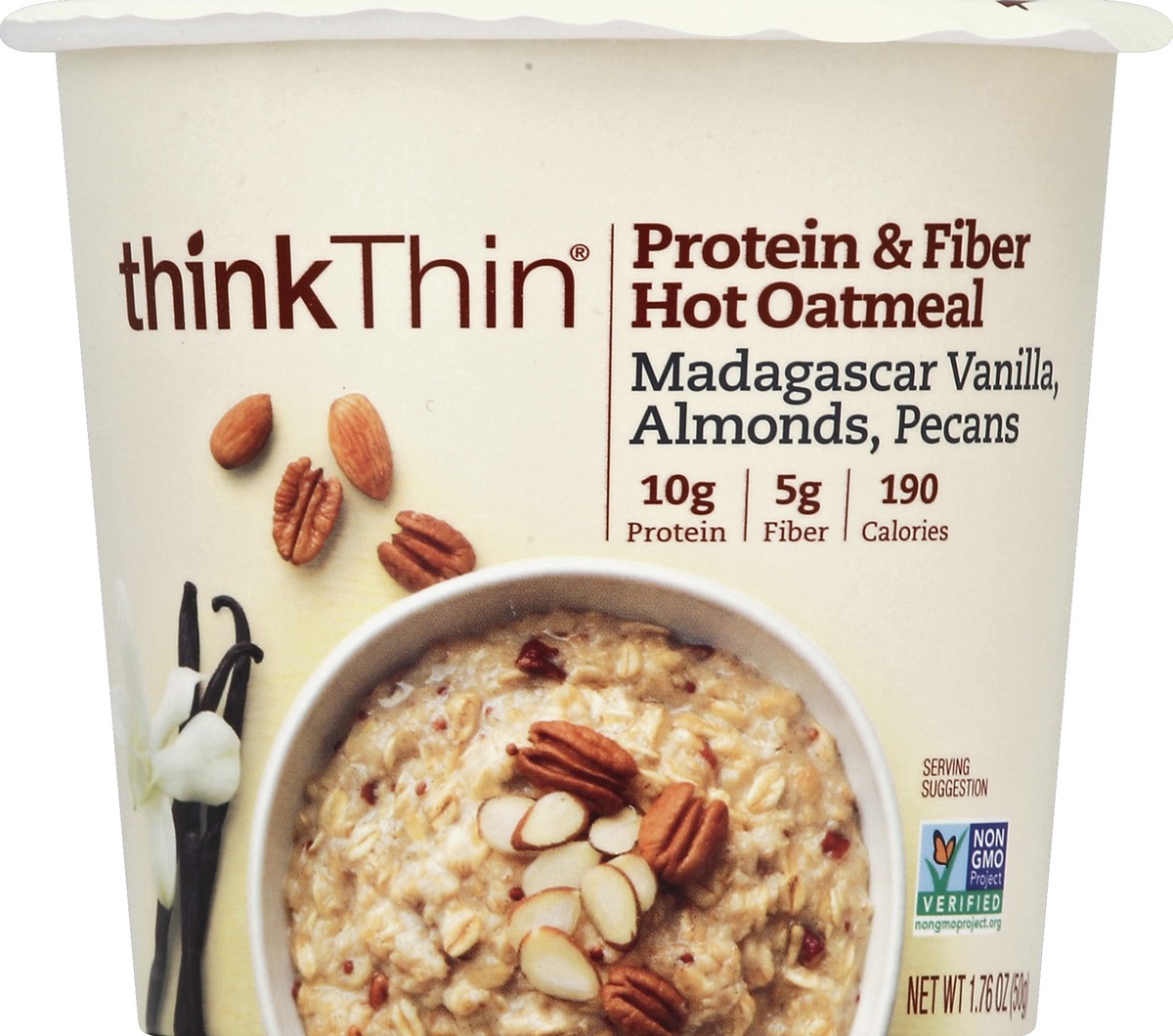 slide 5 of 6, thinkThin Hot Oatmeal Bowl Madagascar Vanilla-Almonds-Pecans, 1.76 oz