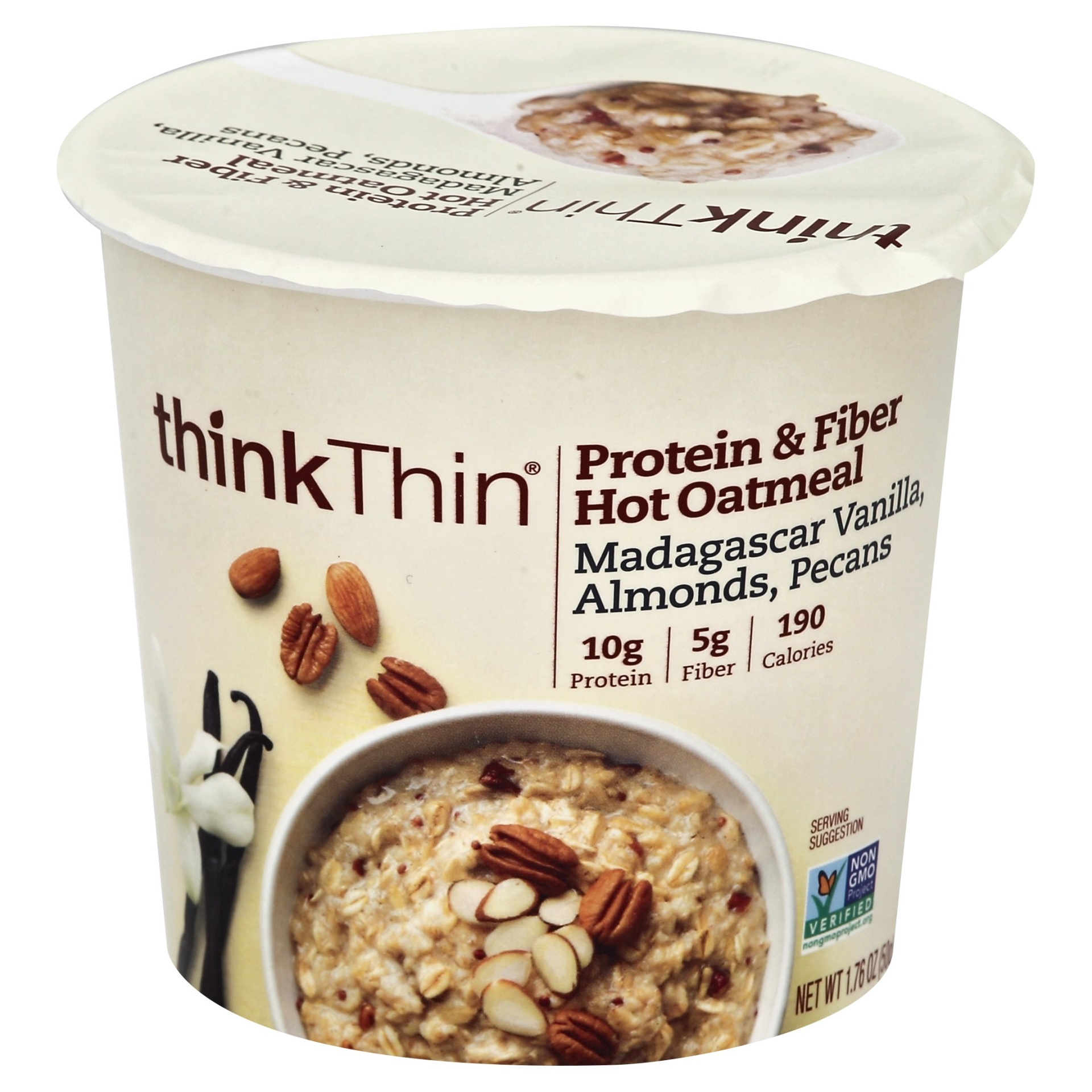 slide 1 of 6, thinkThin Hot Oatmeal Bowl Madagascar Vanilla-Almonds-Pecans, 1.76 oz