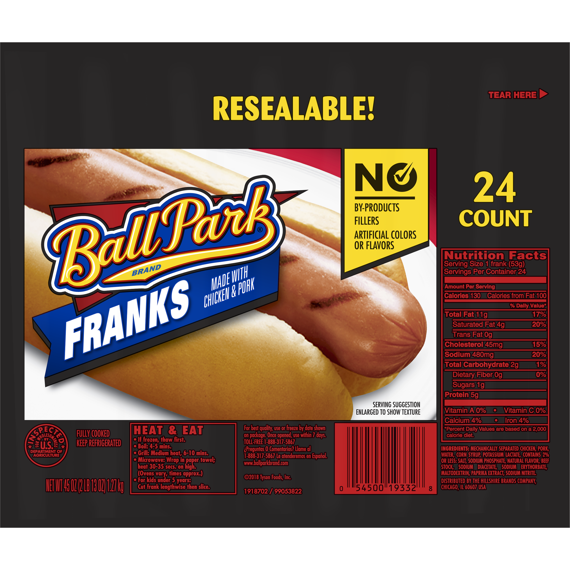 slide 1 of 8, Ball Park Classic Hot Dogs, Club Pack, 24 Count, 1.28 kg