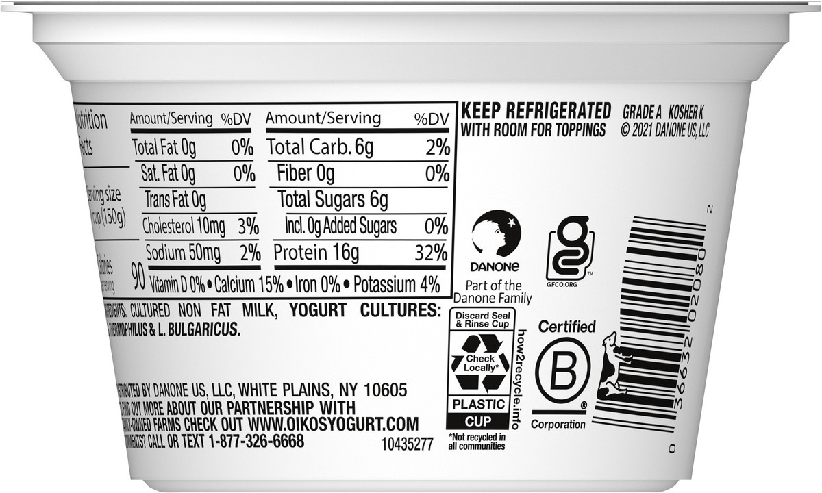 slide 3 of 10, Oikos Blended Nonfat Greek Yogurt, 16g Protein, 100 Calories and 0% Milk Fat, High Protein Yogurt, 5.3 OZ Cup, 5.3 oz