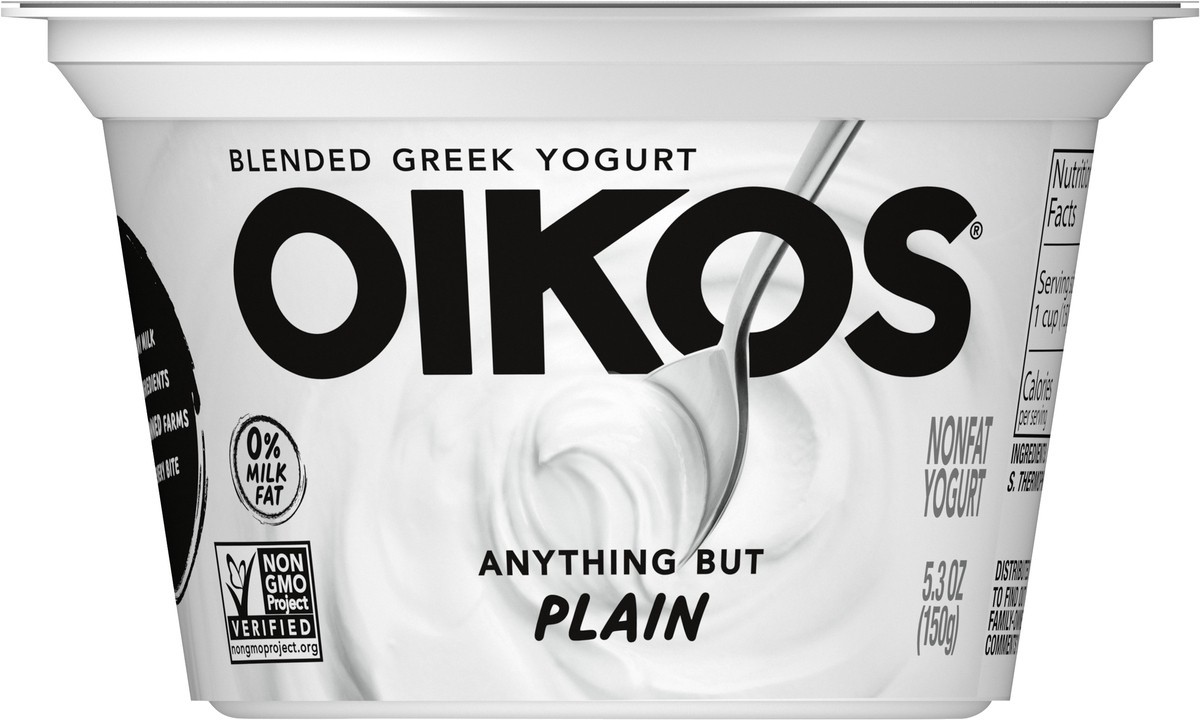 slide 4 of 10, Oikos Blended Nonfat Greek Yogurt, 16g Protein, 100 Calories and 0% Milk Fat, High Protein Yogurt, 5.3 OZ Cup, 5.3 oz