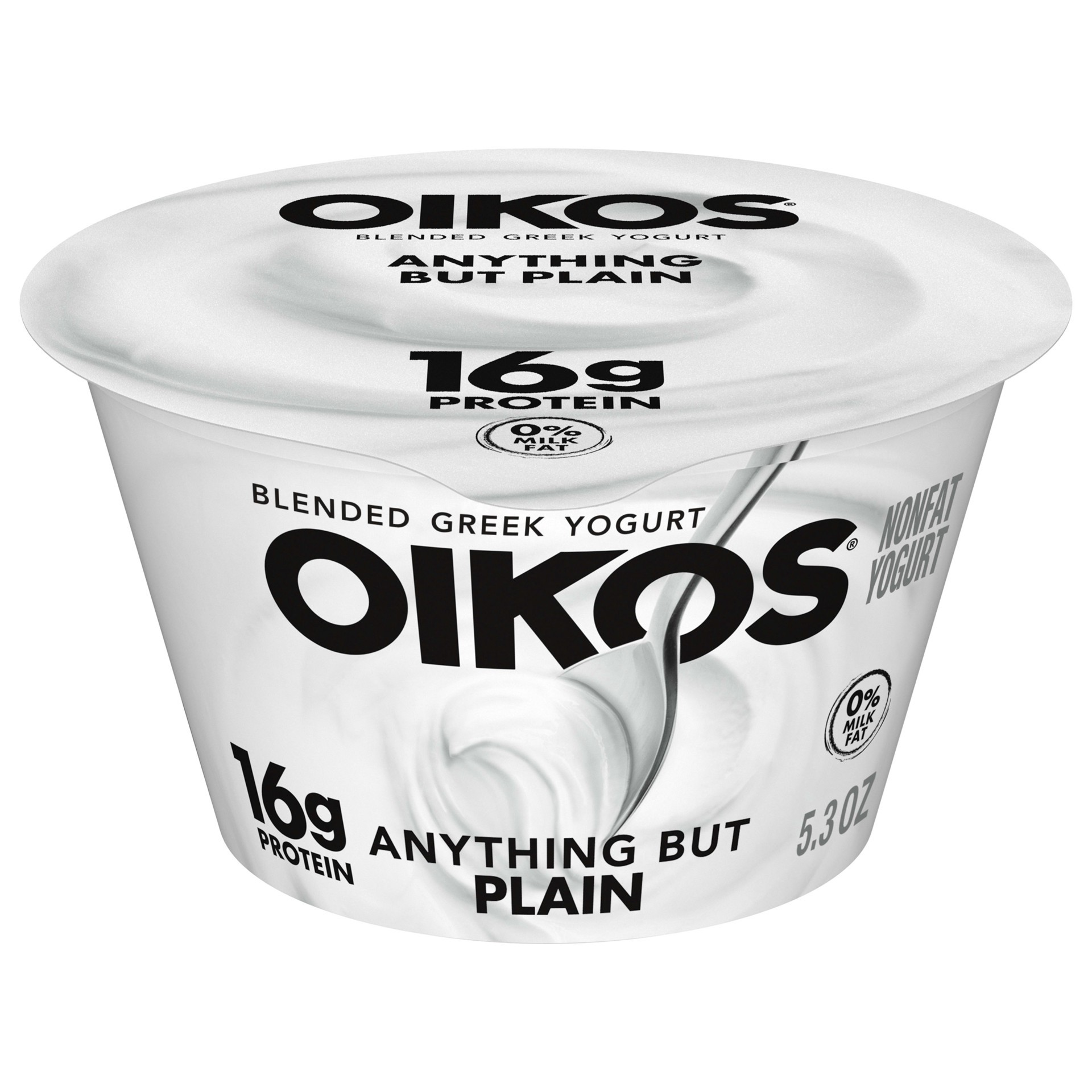 slide 1 of 10, Oikos Blended Nonfat Greek Yogurt, 16g Protein, 100 Calories and 0% Milk Fat, High Protein Yogurt, 5.3 OZ Cup, 5.3 oz