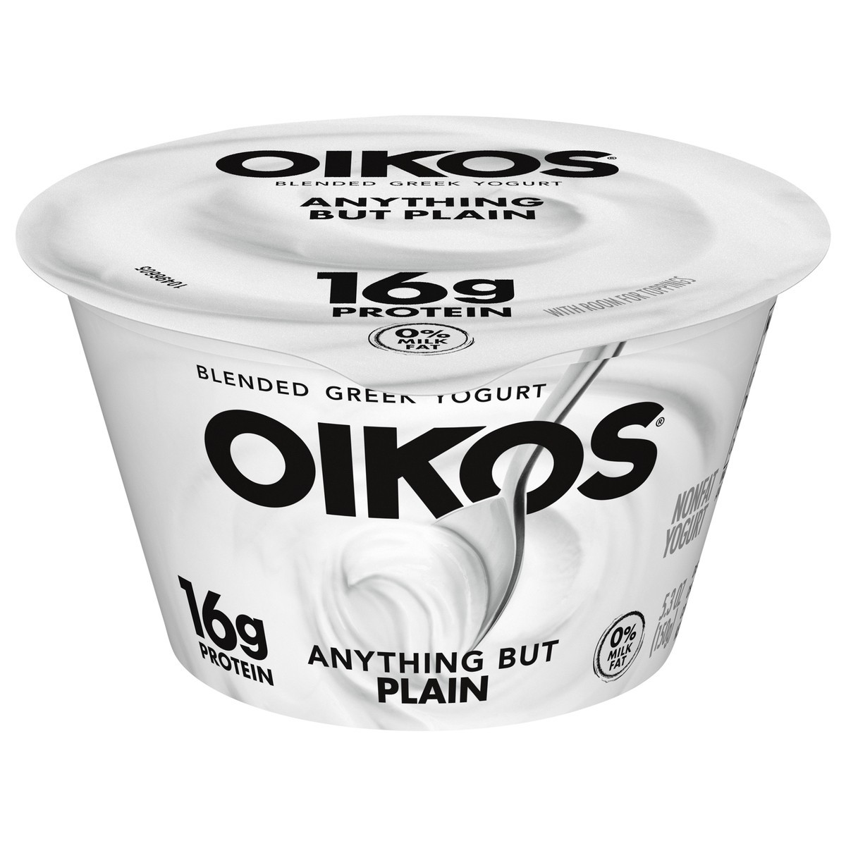 slide 1 of 10, Oikos Blended Nonfat Greek Yogurt, 16g Protein, 100 Calories and 0% Milk Fat, High Protein Yogurt, 5.3 OZ Cup, 5.3 oz