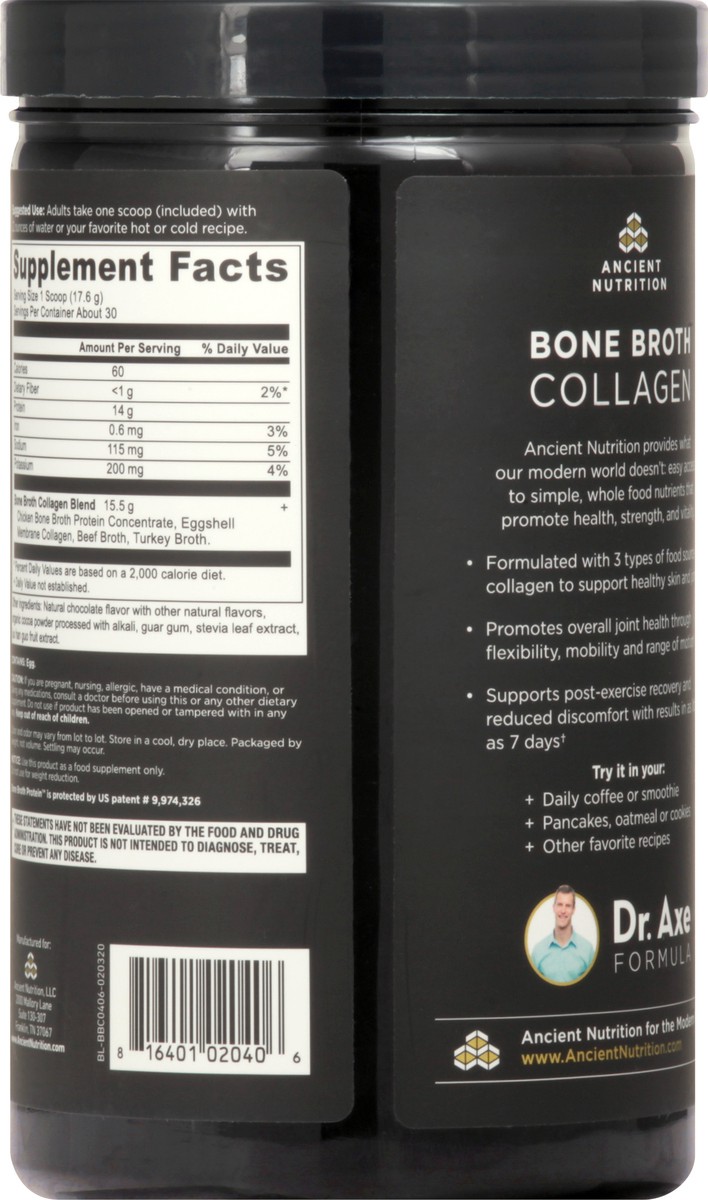 slide 2 of 9, Ancient Nutrition Chocolate Bone Broth Collagen 18.6 oz, 18.6 oz