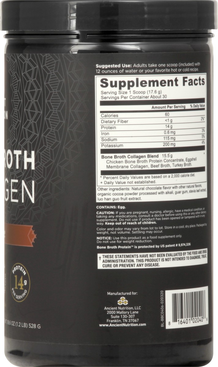 slide 3 of 9, Ancient Nutrition Chocolate Bone Broth Collagen 18.6 oz, 18.6 oz