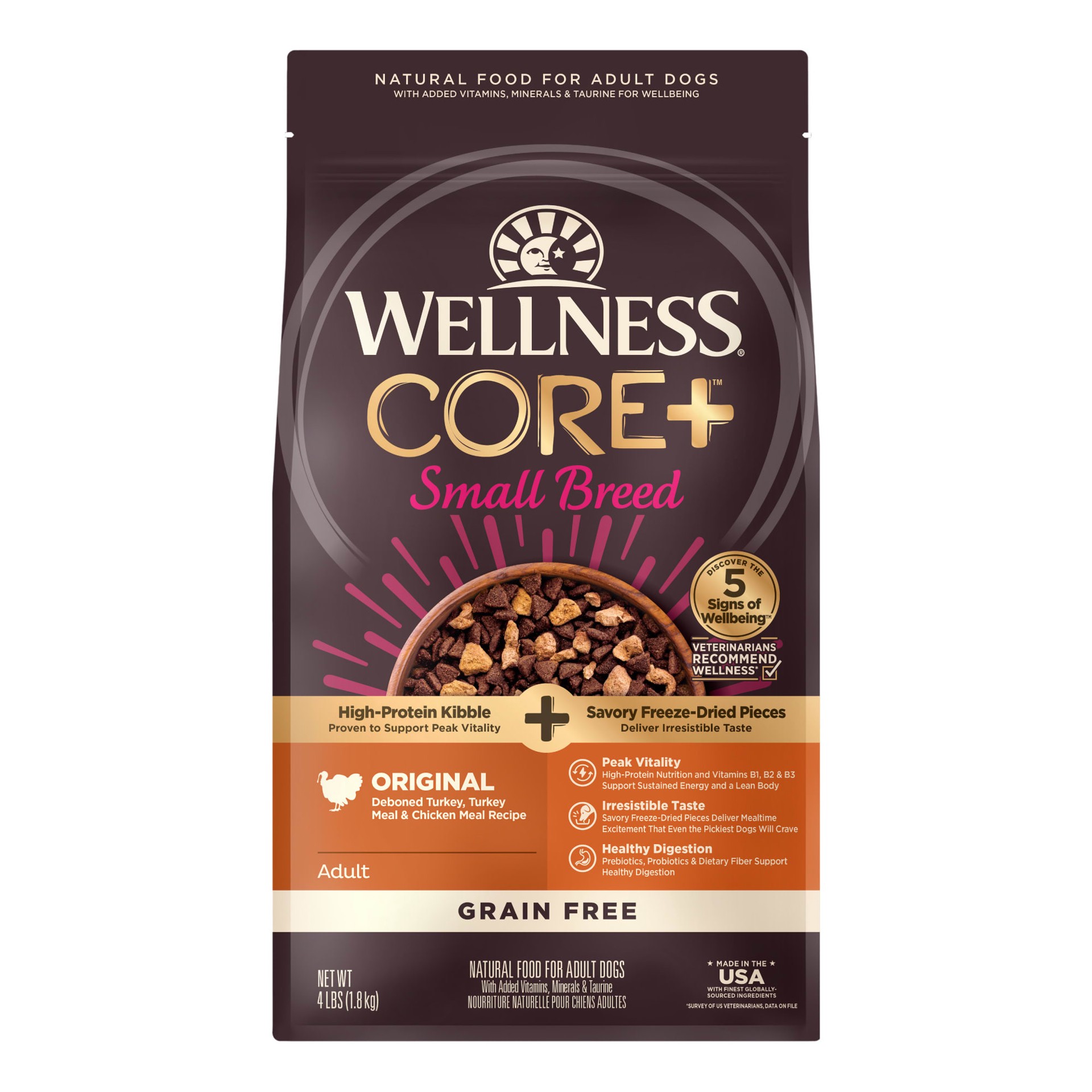 slide 1 of 5, Wellness CORE+ (Formerly RawRev) Natural Grain Free Small Breed Dry Dog Food, Original Turkey & Chicken with Freeze Dried Turkey, 4-Pound Bag, 1 ct