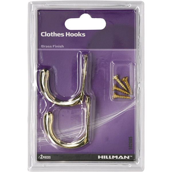 slide 1 of 1, Hillman Brass Clothes Hook, 2 ct