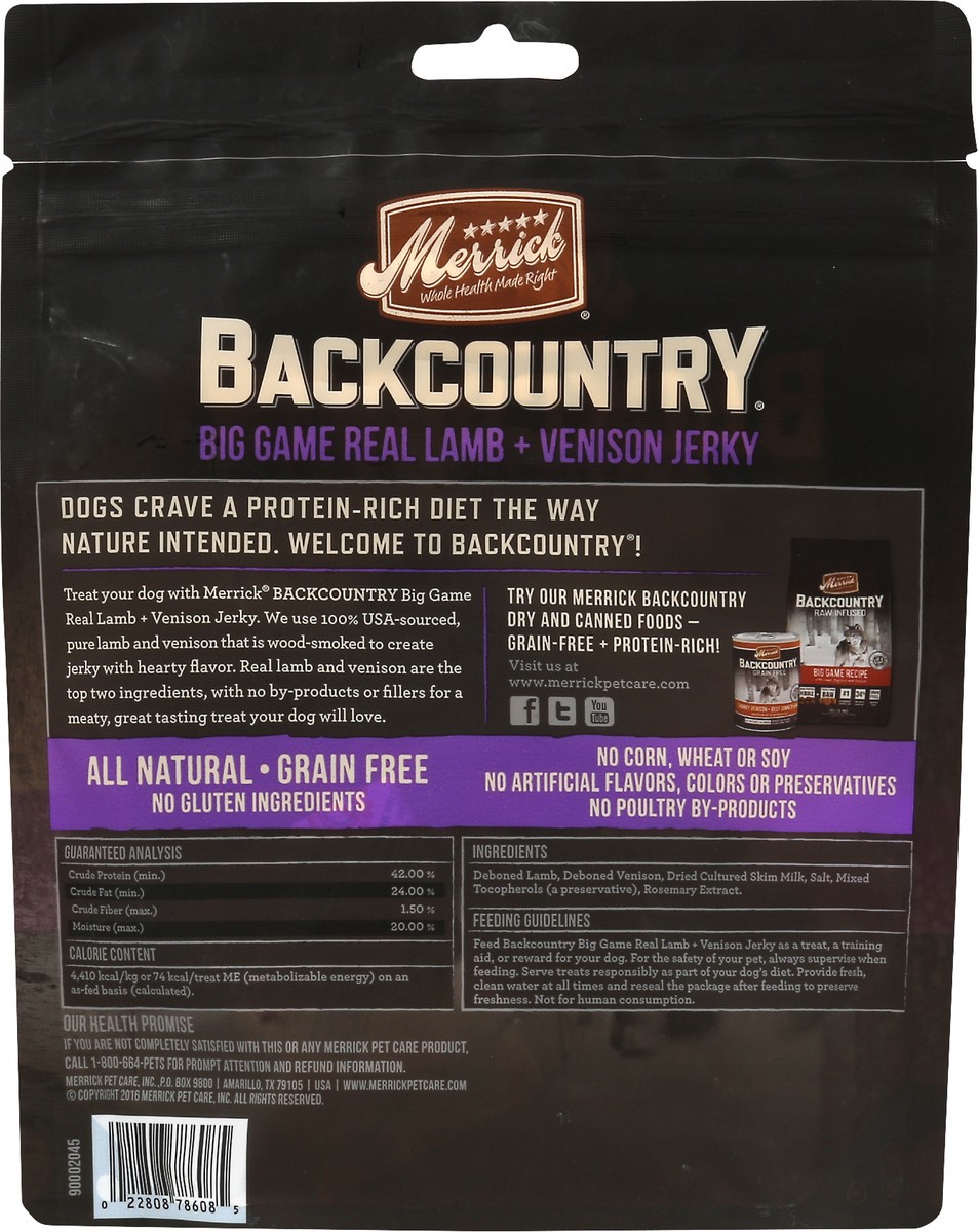 slide 7 of 7, Merrick Backcountry Big Game  Lamb + Venison Jerky Dog Treats - 4.5 oz Pouch, 4.5 oz