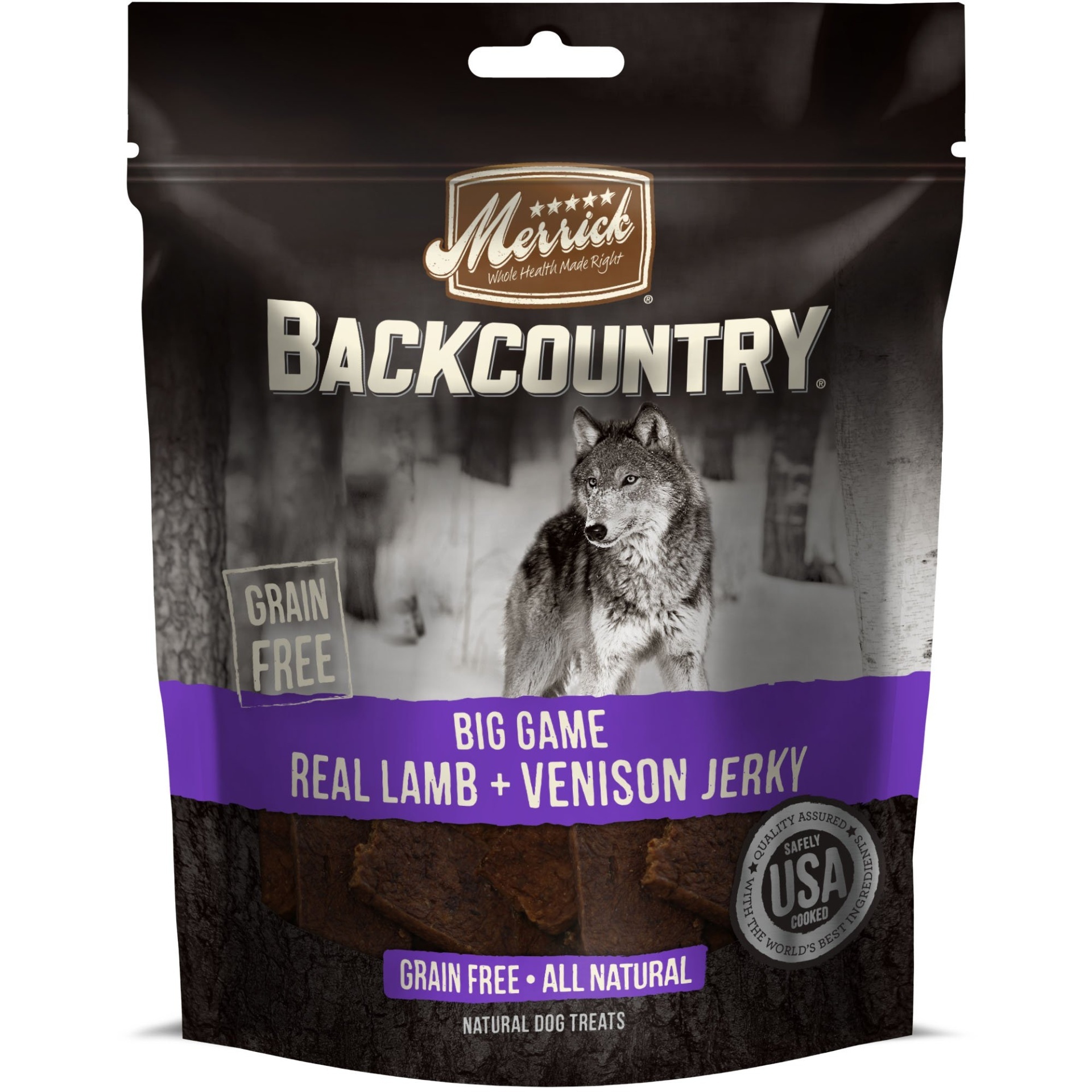 slide 1 of 1, Merrick Backcountry Big Game Real Lamb + Venison Jerky Grain Free Dog Treats, 4.5 oz