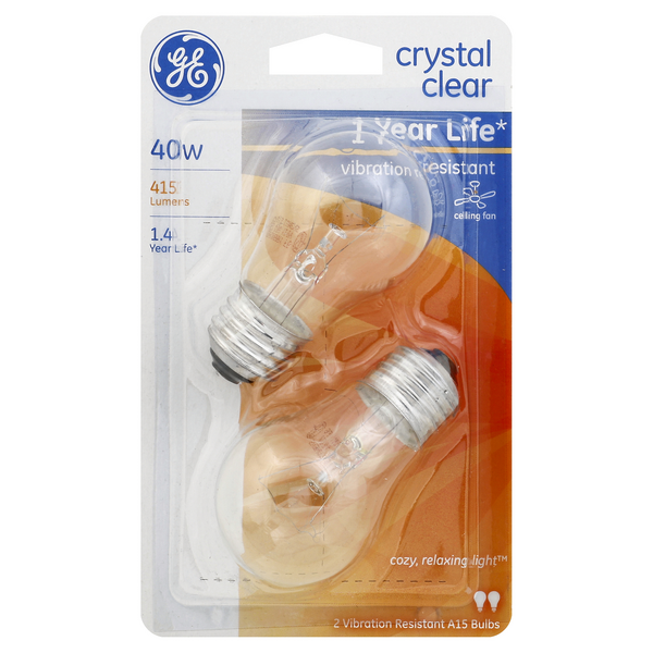 slide 1 of 1, Ge Crystal Clear 40-Watt A15 Light Bulbs - 2 Pack, 2 ct
