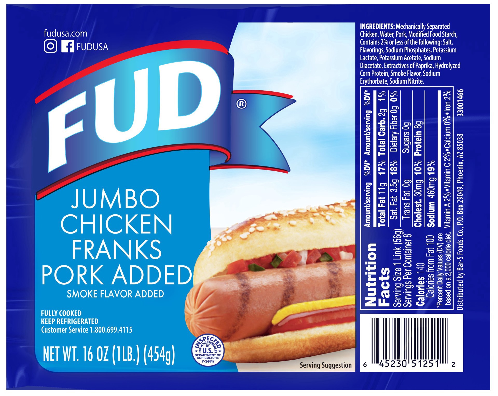 slide 1 of 1, FUD Pork Added Jumbo Chicken Franks 16 oz, 8 ct