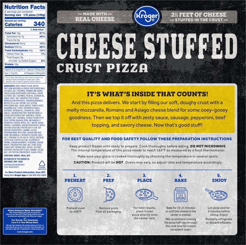 slide 4 of 5, Kroger Three Meat Cheese Stuffed Crust Frozen Pizza, 24.5 oz